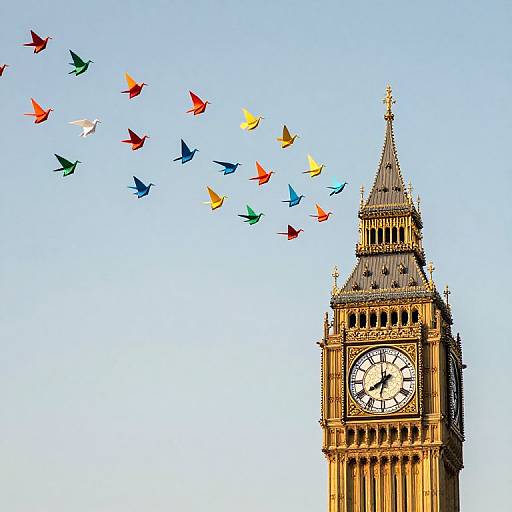 Photograph of London's Big Ben clock tower with colorful paper birds flying diagonally across a clear blue sky.