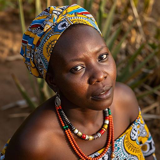 Photograph of an African woman with dark skin, wearing a colorful patterned headwrap, beaded necklace, and matching fabric dress, looking slightly to