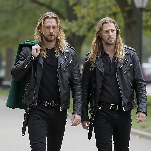 Two men walking in park with leather jackets