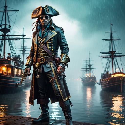 Steampunk Pirate in Neon City Harbor