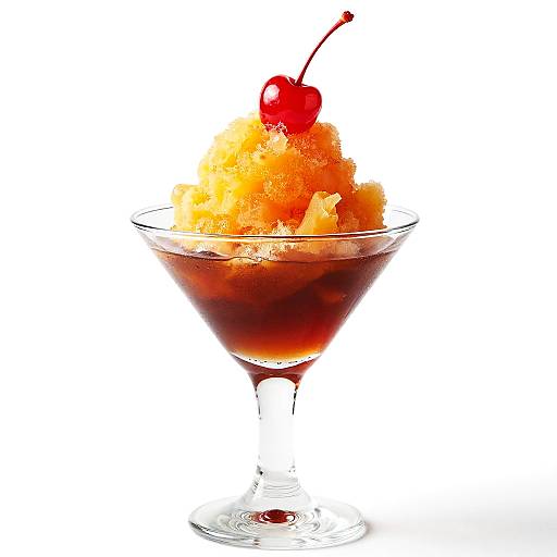 Photograph of a glass cocktail with dark liquid, topped with orange ice, sugar crystals, and a bright red cherry. White background.