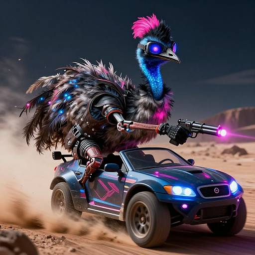 Digital art: Neon-lit, cyber-dino with glowing blue eyes and pink feathers driving a blue, futuristic sports car with laser guns in a desert