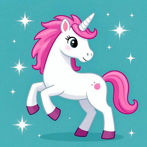 Cartoon unicorn with pink mane and tail, white body, pink hooves, and a star on its flank, standing against a turquoise background with white