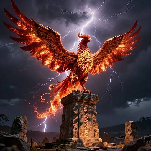 Photorealistic digital art of a fiery, ornate phoenix with outstretched wings standing on an ancient, lightning-struck stone pedestal amidst a storm