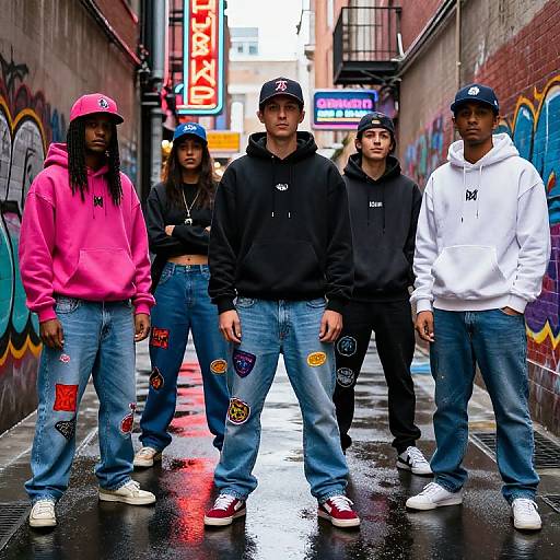 Photograph of five young men in a narrow, graffiti-covered alley, wearing colorful hoodies and jeans with patches, standing in a row under neon signs