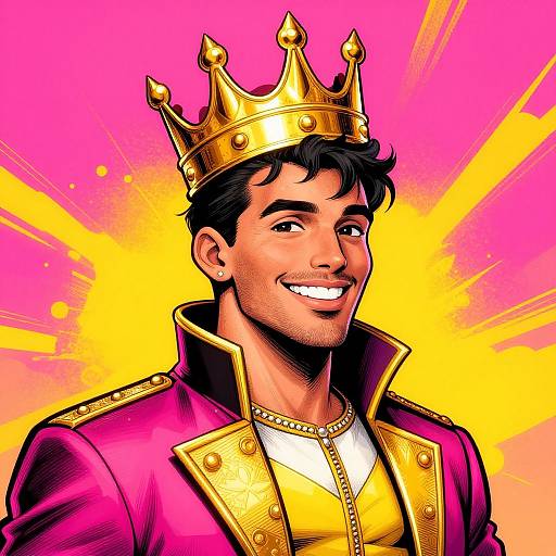 Digital comic-style portrait of a smiling man with dark hair, wearing a gold crown and pink and gold royal robe, against a vibrant pink and yellow burst