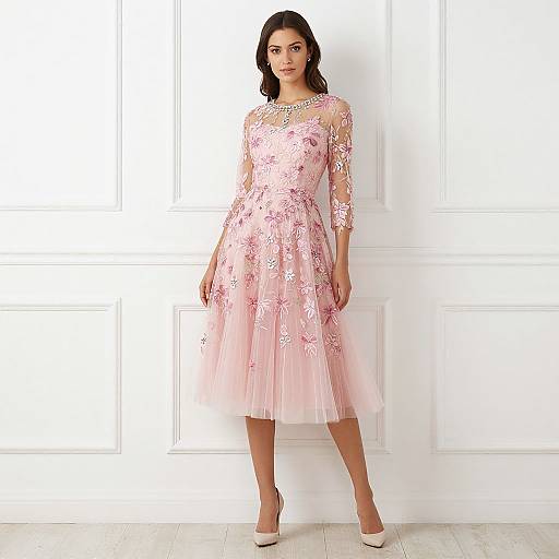 Photograph of a woman with dark hair in a pink, floral lace dress, sheer sleeves, and matching high heels, standing against a white paneled