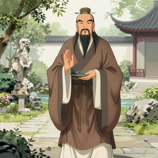 Digital anime-style drawing of a bearded elderly man in brown kimono, hands raised, standing in a serene garden with statue, temple, and pond