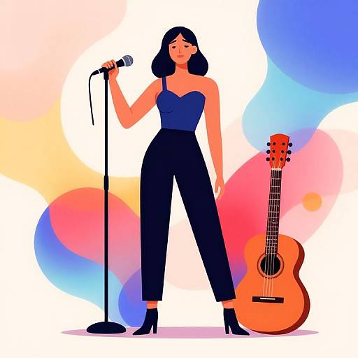 Digital illustration of a black-haired woman in a navy dress and high-waisted pants, standing at a microphone, with an acoustic guitar beside her,