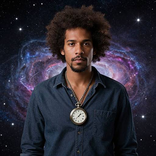 Photograph of a young Black man with curly hair, beard, wearing a dark blue shirt and silver chain with pocket watch, against a cosmic galaxy backdrop