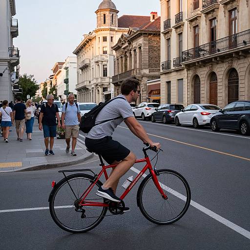 Photograph of a man in a gray shirt and black shorts riding a red bike on a busy European street with historic buildings, pedestrians, and parked cars