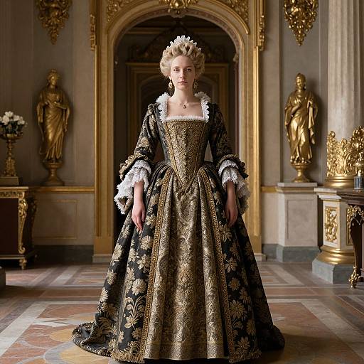 Photograph of a fair-skinned woman in an ornate, black and gold Baroque-style dress with white lace, standing in an opulent room