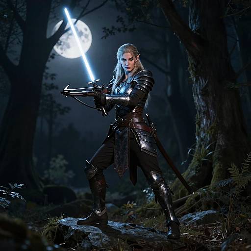 Fierce Elven Warrior in Moonlit Forest