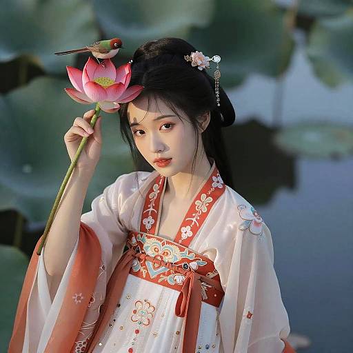 Digital art of an Asian woman in a white floral kimono with red accents, holding a pink lotus flower, a bird perched on it,