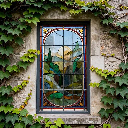 Outdoor Ivy-Framed Stained Glass Window
