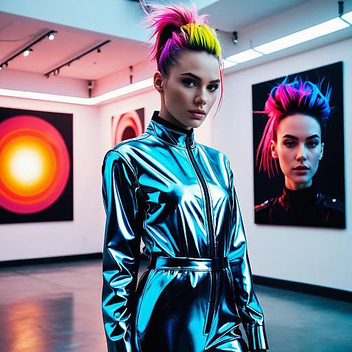 Fashion model with color melt hairstyle in futuristic jumpsuit