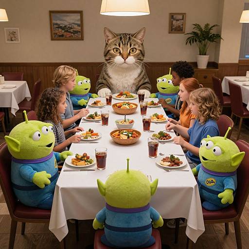 Photograph of a family meal with six children in green and blue alien costumes, a large tabby cat sitting on the table, and plates of food