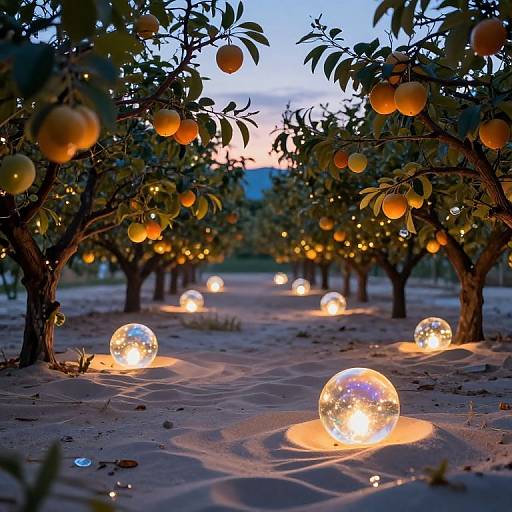 Photograph of an orange grove at dusk, with glowing, colorful glass orbs scattered on the sand, illuminated by soft, warm lights.