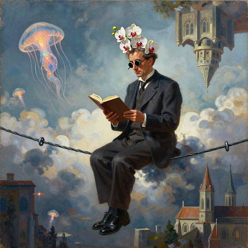 Surreal Man Reading on Wire