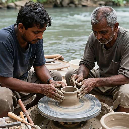 Photograph of two middle-aged men with dark hair and beards, working together on a pottery wheel by a river, focusing on shaping a clay pot