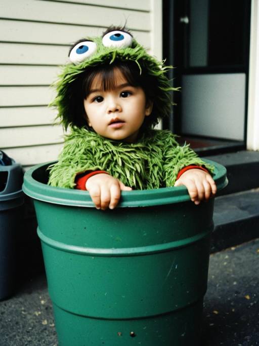 Toddler in Oscar the Grouch Costume in Trash Can
