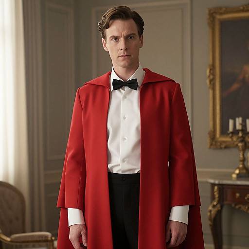Photograph of a serious-looking man in a red coat, black bow tie, and white shirt, standing in an elegant, classical room with a gold