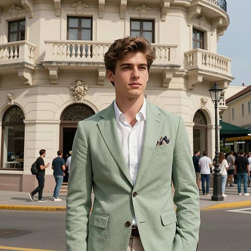 Young Man in Light Green Blazer Standing Outdoors