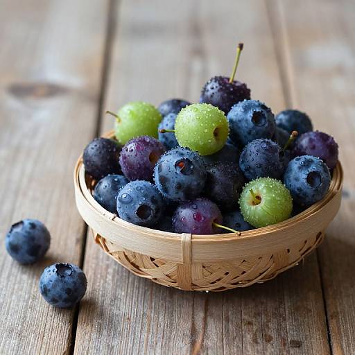 Photograph of a wicker basket filled with fresh blueberries and green grapes, with a few berries scattered on a rustic wooden table.