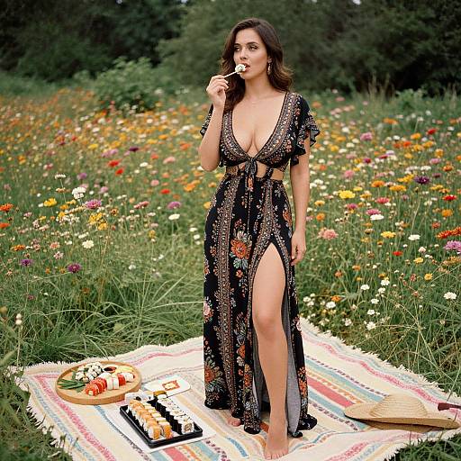 Photograph of a brunette woman in a deep V-neck, floral black dress with a high slit, eating a lollipop in a colorful meadow,