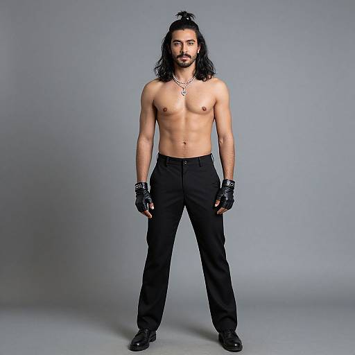 Photograph of a tall, muscular, shirtless man with long black hair, beard, black pants, fingerless gloves, and black boots, standing