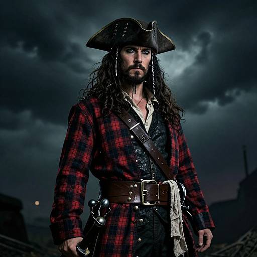 Photograph of a rugged pirate with long black hair, beard, wearing a tricorn hat, red plaid shirt, leather belt, and sword,