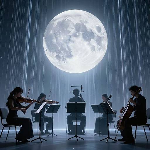 Photograph-style digital art of five musicians playing string instruments in front of a large, glowing full moon with rain. Silhouetted against the bright