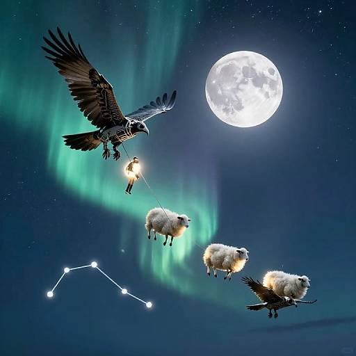 Photograph of a black crow carrying a glowing light, leading three illuminated sheep across a night sky with a full moon, green aurora, and constellation