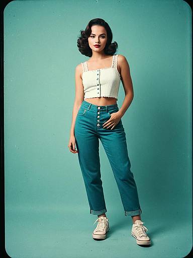 Woman in casual streetwear with white crop top and blue jeans