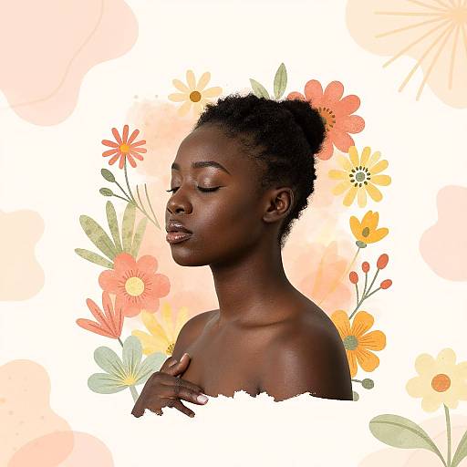 Photograph of a dark-skinned woman with closed eyes, short afro, and bare shoulders, surrounded by colorful, abstract floral background.