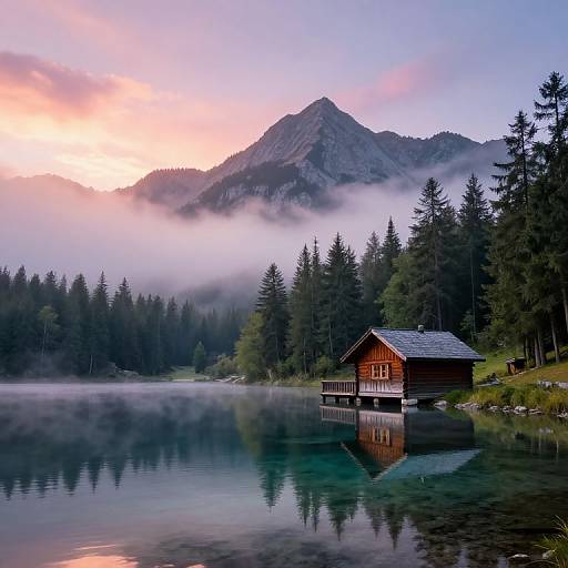Photograph of a serene alpine lake at sunrise, with a wooden cabin on stilts, surrounded by pine trees, reflecting in the calm water,