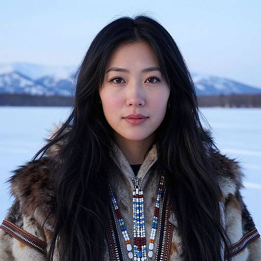 Photograph of an Asian woman with long black hair, wearing a fur-trimmed traditional garment adorned with intricate beadwork, standing in a snowy landscape