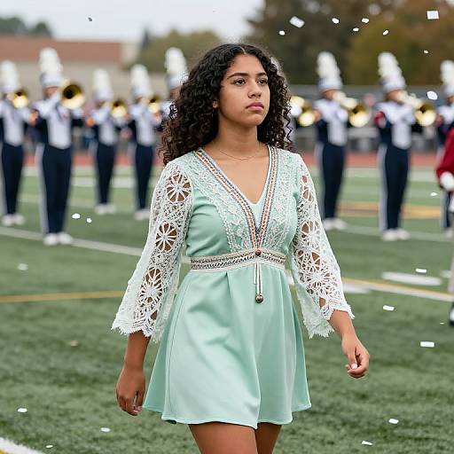 Photograph of a young woman with curly black hair, wearing a light blue lace dress, standing on a football field with blurred band members in the background