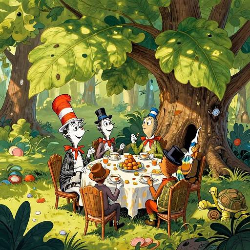 Digital illustration of four whimsical characters with tall hats, dining outdoors under a large tree in a sunlit forest, surrounded by colorful toys and lush green