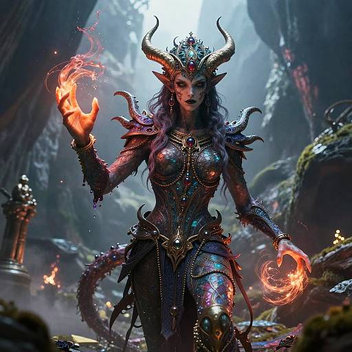 Digital fantasy artwork of a dark-haired, horned, armored demon queen with glowing, fiery hands, standing in a misty, rocky cave.