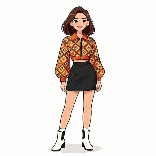 Digital anime-style illustration of a smiling woman with brown hair, wearing a geometric-patterned orange and red blouse, black skirt, white socks, and black
