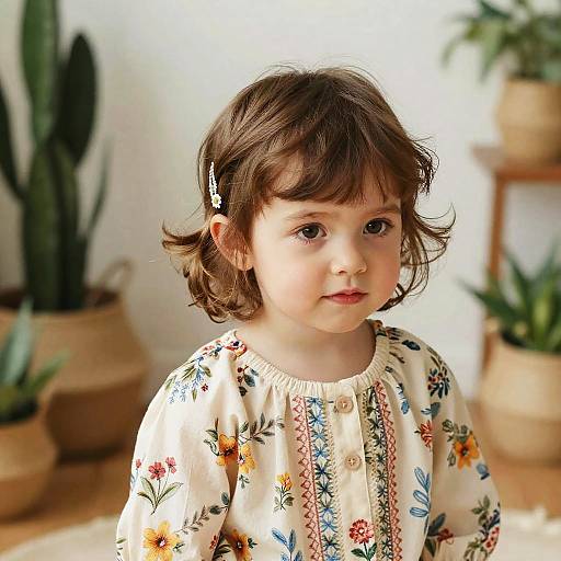 Photograph of a young girl with light skin, brown wavy hair, and floral dress, standing in a sunlit room with potted plants.