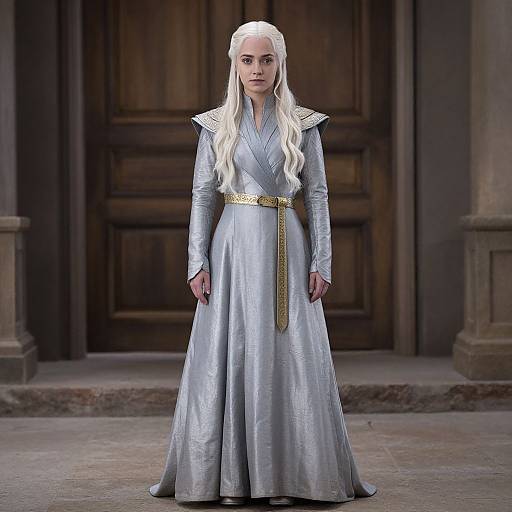 Photograph of a pale-skinned woman with long white hair, wearing a silver medieval-style gown with gold belt, standing in front of a wooden door