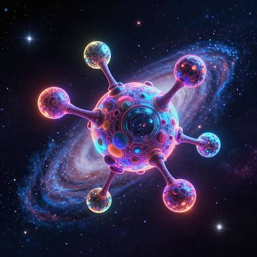 Glowing, neon-purple molecular structure with spherical bonds floating in a starry, cosmic background featuring a colorful spiral galaxy. Digital CGI artwork.