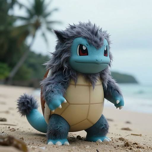 Photograph of a fluffy, blue, turtle-like creature with a beige shell and gray fur, standing on a sandy beach with a blurred palm tree and