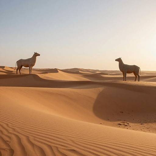 Photograph of two camels standing in a sunlit, golden desert with rippled sand dunes, under a clear blue sky at sunset.