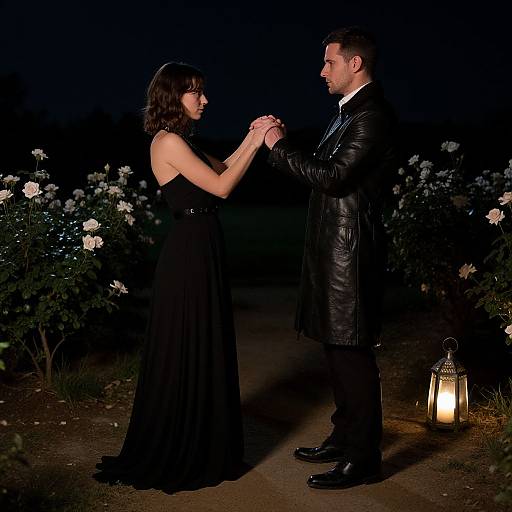 Photograph of a couple holding hands at night, wearing black formal attire, surrounded by roses, with a lantern on the ground.