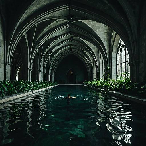 Man Swimming in Gothic Vaulted Indoor Pool