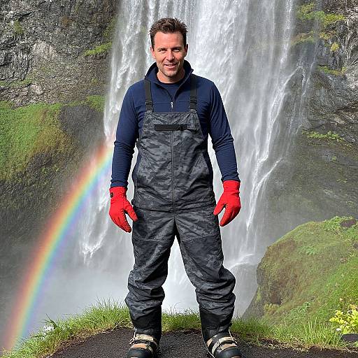 Photograph of a smiling man with short brown hair, wearing dark overalls, red gloves, and blue shirt, standing in front of a waterfall with