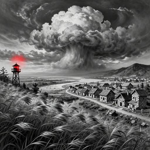 Black-and-white digital painting of a stormy village with a red-lit water tower, dramatic clouds, and grassy foreground.
